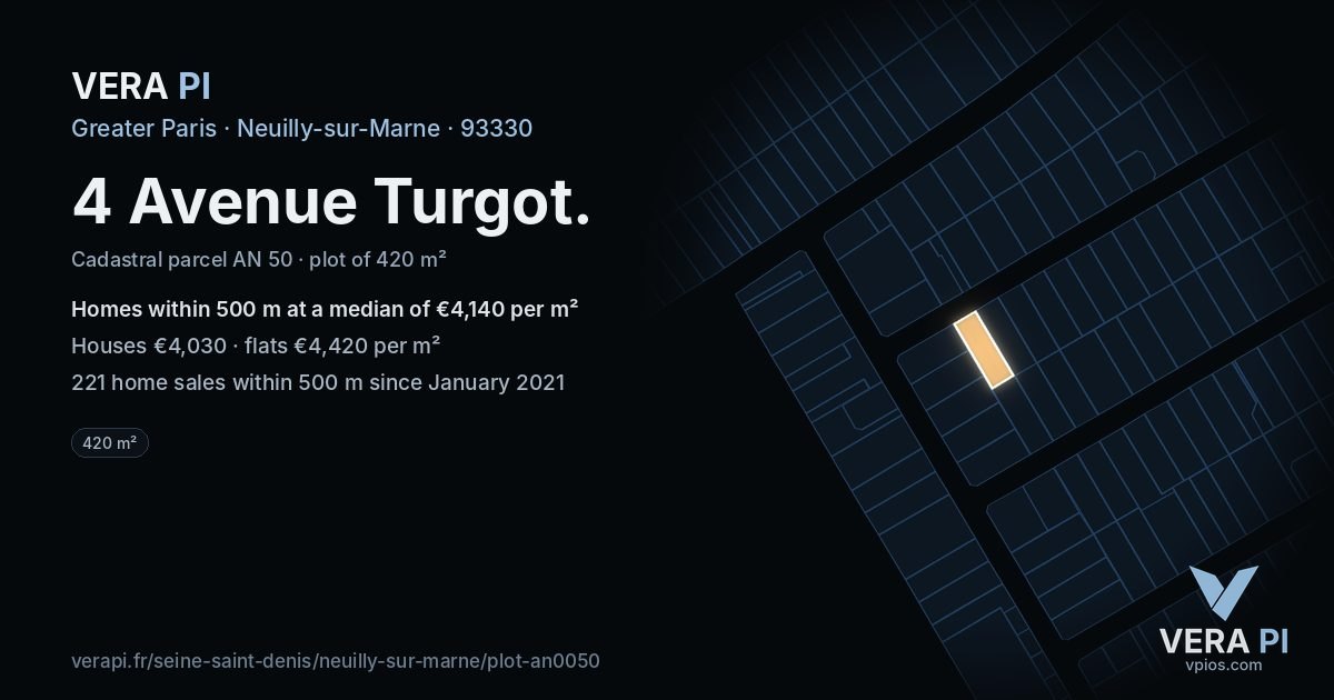 4 Avenue Turgot, Neuilly-sur-Marne at night – the plot lit, the parcels around coloured by the prices near them