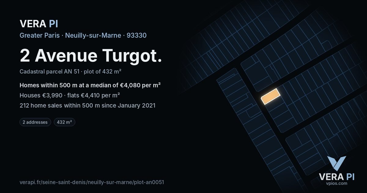 2 Avenue Turgot, Neuilly-sur-Marne at night – the plot lit, the parcels around coloured by the prices near them