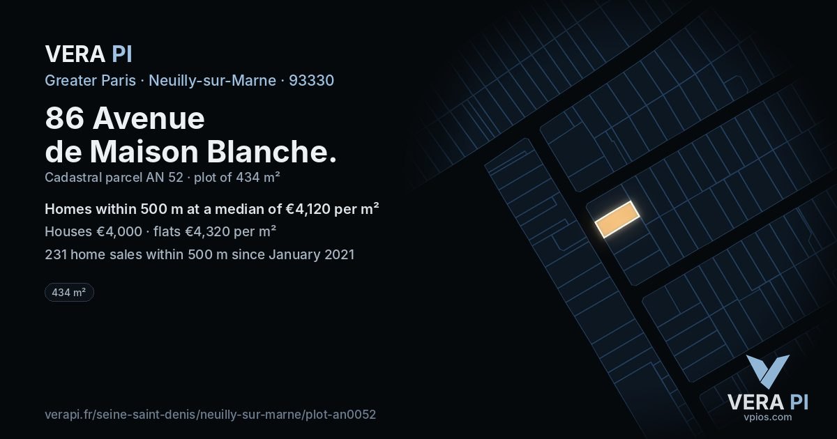 86 Avenue de Maison Blanche, Neuilly-sur-Marne at night – the plot lit, the parcels around coloured by the prices near them