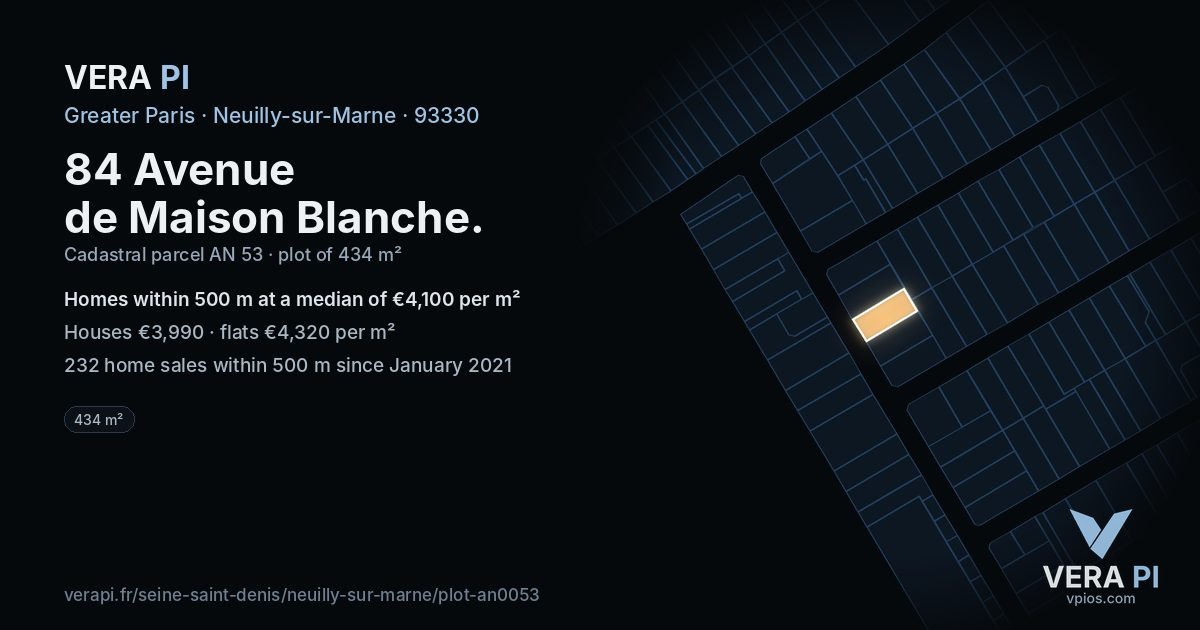 84 Avenue de Maison Blanche, Neuilly-sur-Marne at night – the plot lit, the parcels around coloured by the prices near them