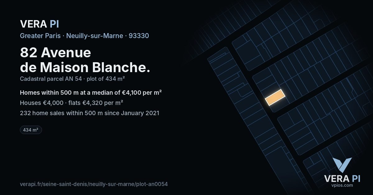 82 Avenue de Maison Blanche, Neuilly-sur-Marne at night – the plot lit, the parcels around coloured by the prices near them