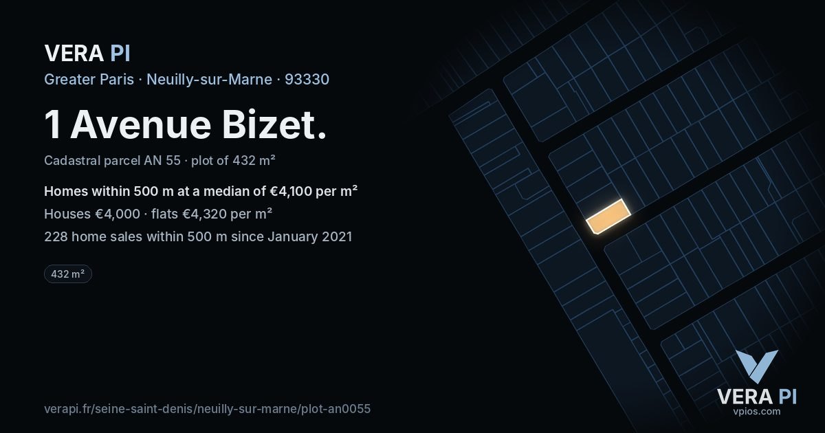 1 Avenue Bizet, Neuilly-sur-Marne at night – the plot lit, the parcels around coloured by the prices near them