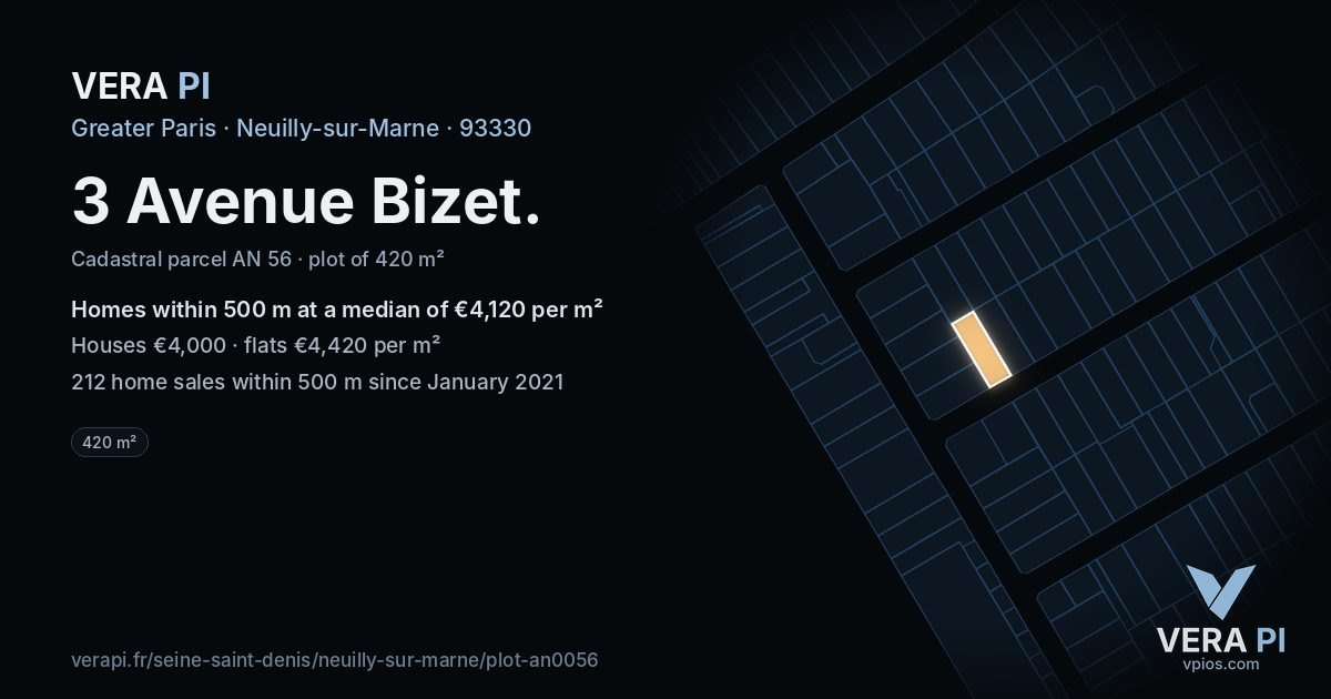 3 Avenue Bizet, Neuilly-sur-Marne at night – the plot lit, the parcels around coloured by the prices near them