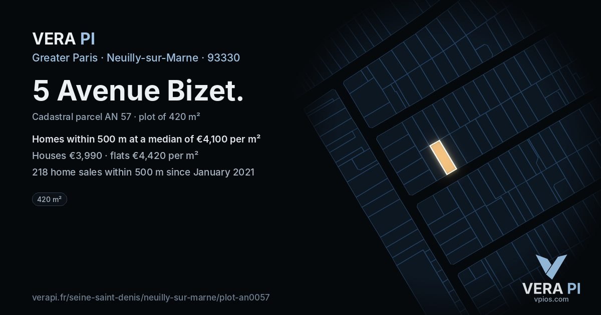 5 Avenue Bizet, Neuilly-sur-Marne at night – the plot lit, the parcels around coloured by the prices near them