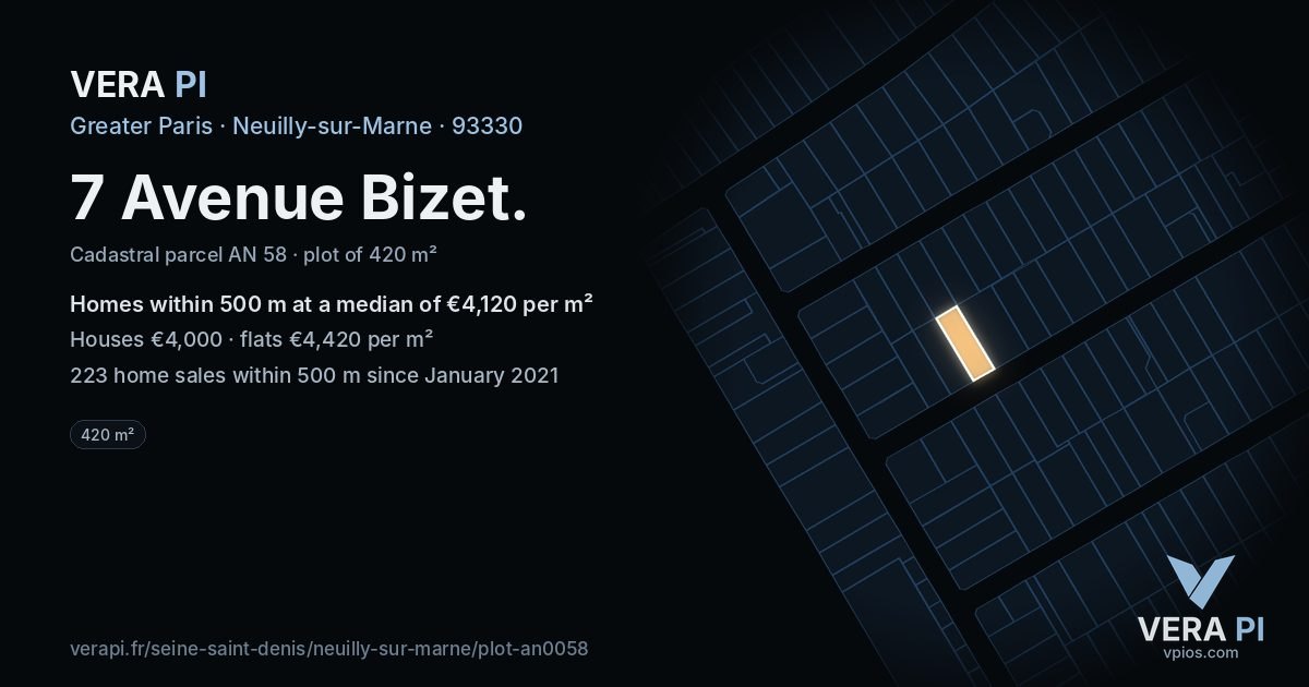 7 Avenue Bizet, Neuilly-sur-Marne at night – the plot lit, the parcels around coloured by the prices near them