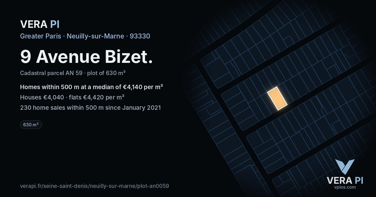 9 Avenue Bizet, Neuilly-sur-Marne at night – the plot lit, the parcels around coloured by the prices near them