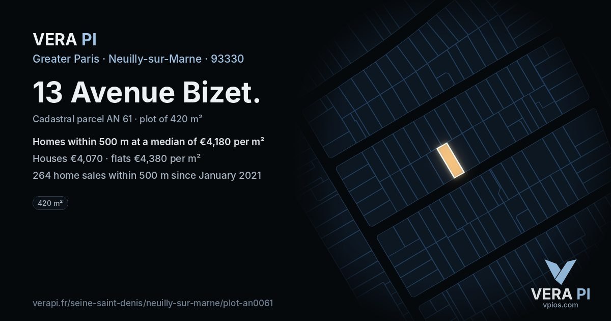 13 Avenue Bizet, Neuilly-sur-Marne at night – the plot lit, the parcels around coloured by the prices near them