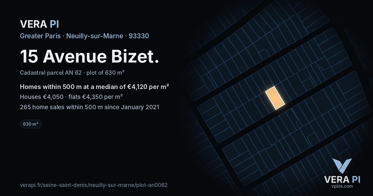 15 Avenue Bizet, Neuilly-sur-Marne at night – the plot lit, the parcels around coloured by the prices near them