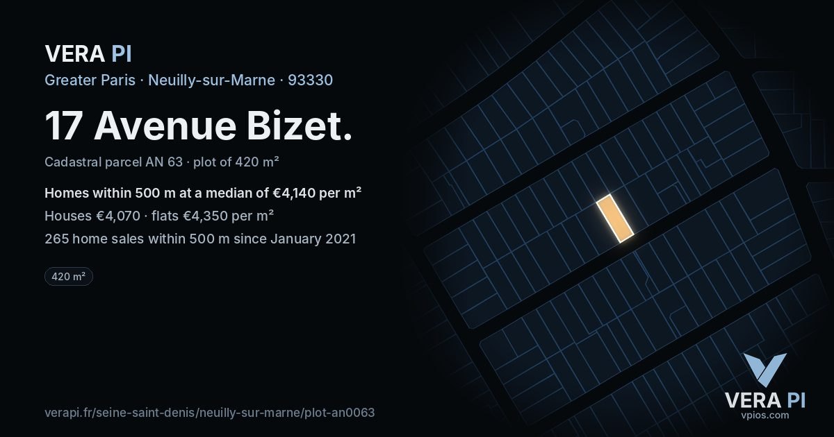 17 Avenue Bizet, Neuilly-sur-Marne at night – the plot lit, the parcels around coloured by the prices near them