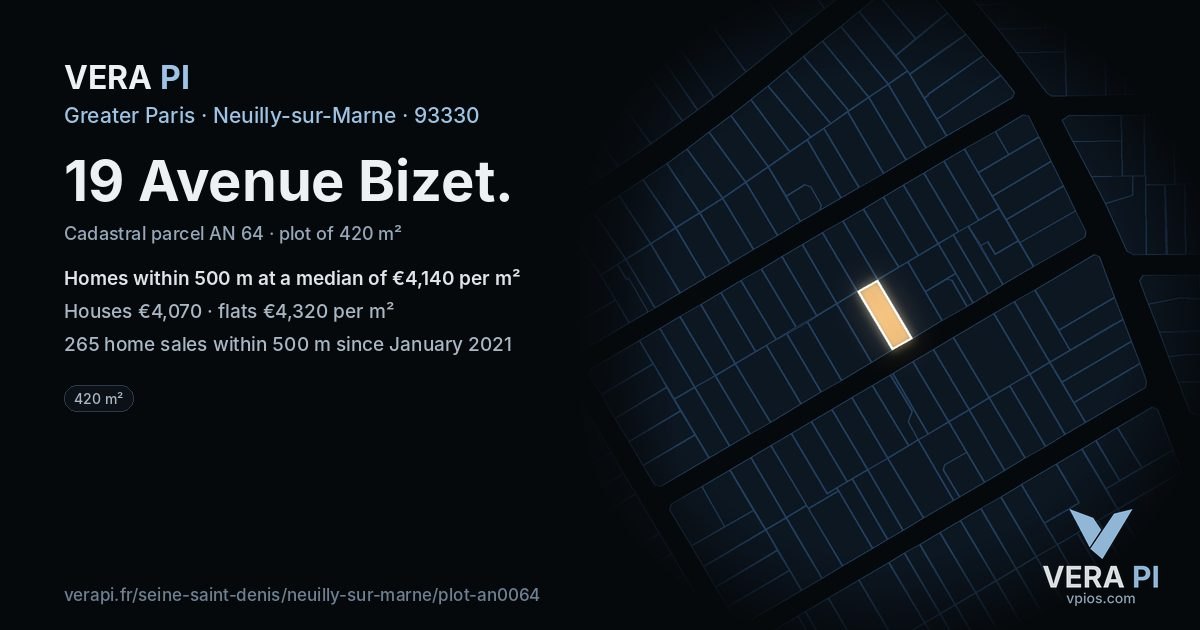 19 Avenue Bizet, Neuilly-sur-Marne at night – the plot lit, the parcels around coloured by the prices near them
