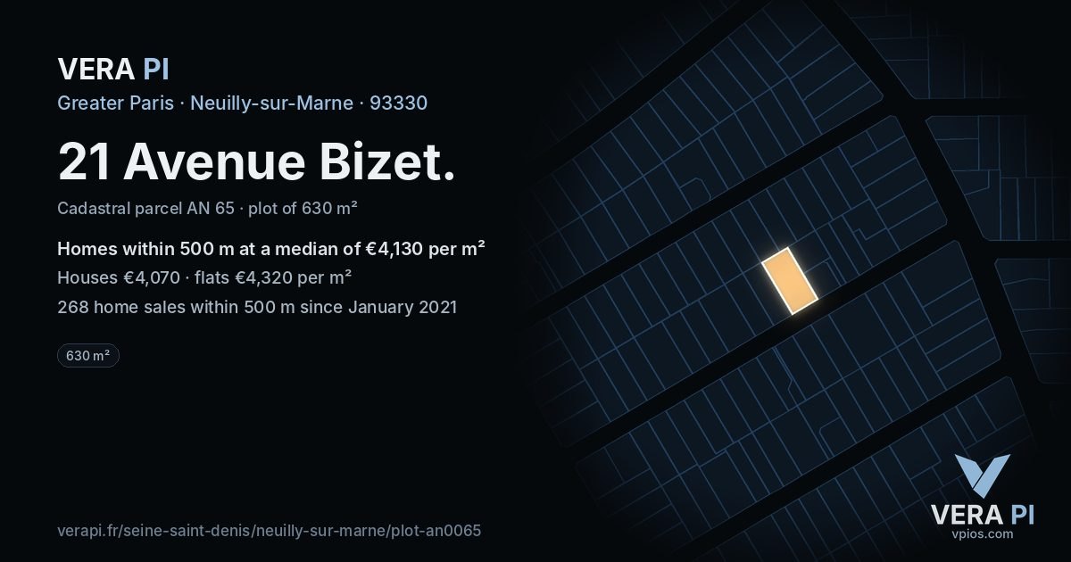 21 Avenue Bizet, Neuilly-sur-Marne at night – the plot lit, the parcels around coloured by the prices near them