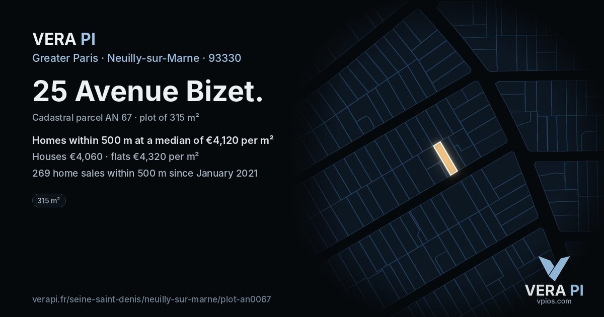 25 Avenue Bizet, Neuilly-sur-Marne at night – the plot lit, the parcels around coloured by the prices near them