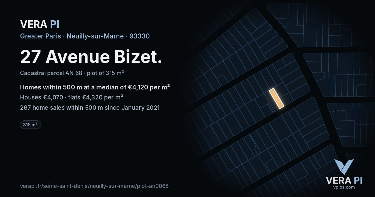 27 Avenue Bizet, Neuilly-sur-Marne at night – the plot lit, the parcels around coloured by the prices near them