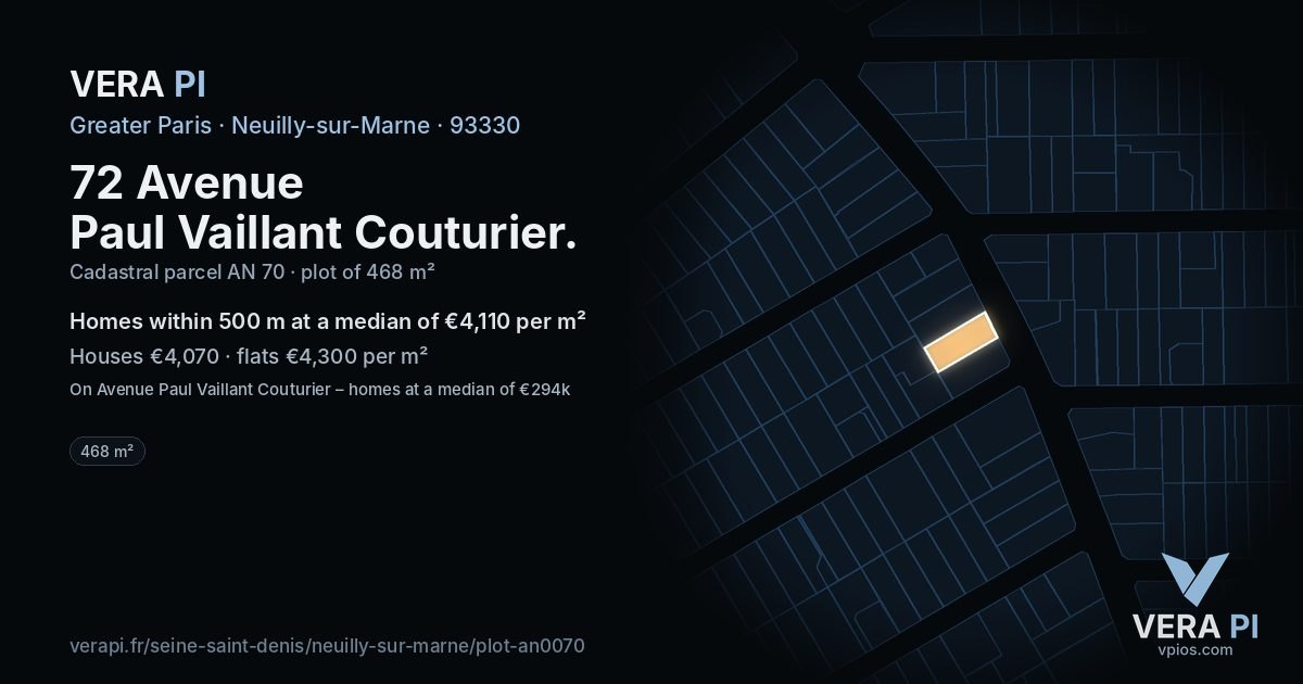 72 Avenue Paul Vaillant Couturier, Neuilly-sur-Marne at night – the plot lit, the parcels around coloured by the prices near them