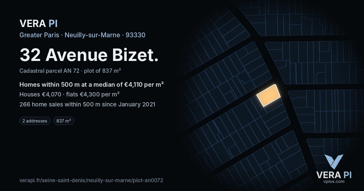 32 Avenue Bizet, Neuilly-sur-Marne at night – the plot lit, the parcels around coloured by the prices near them