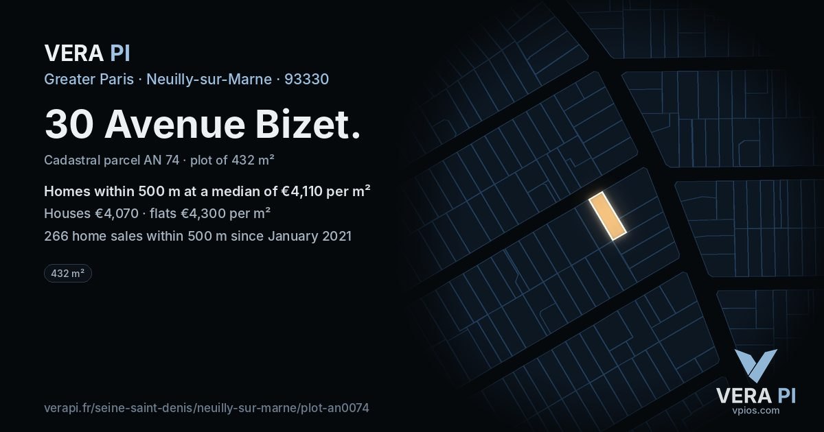 30 Avenue Bizet, Neuilly-sur-Marne at night – the plot lit, the parcels around coloured by the prices near them