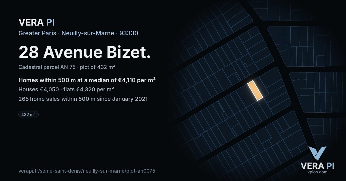 28 Avenue Bizet, Neuilly-sur-Marne at night – the plot lit, the parcels around coloured by the prices near them