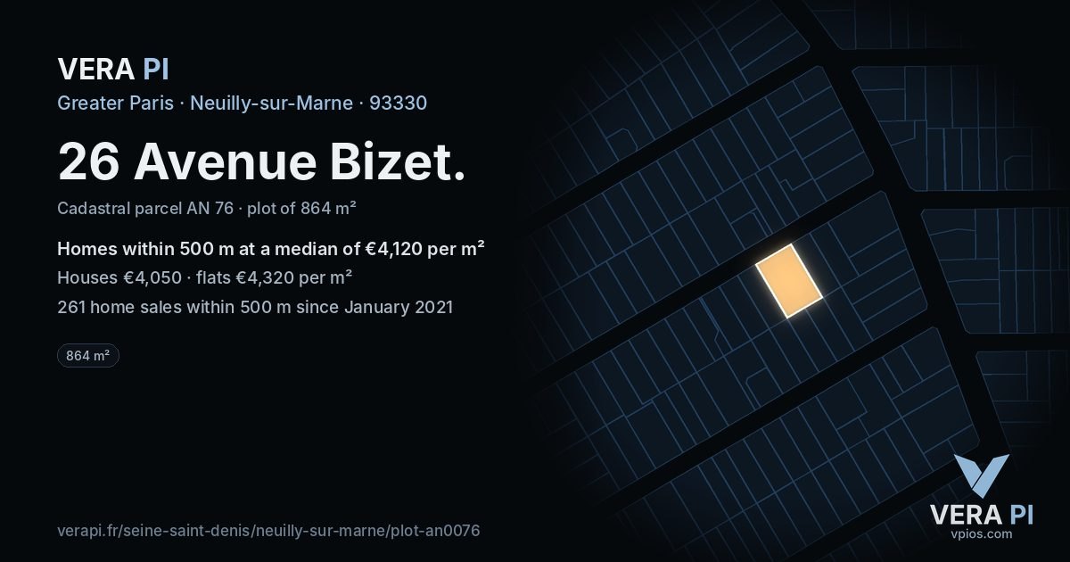 26 Avenue Bizet, Neuilly-sur-Marne at night – the plot lit, the parcels around coloured by the prices near them