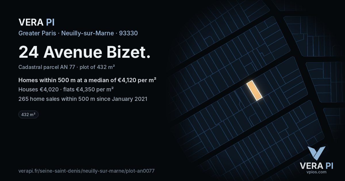 24 Avenue Bizet, Neuilly-sur-Marne at night – the plot lit, the parcels around coloured by the prices near them
