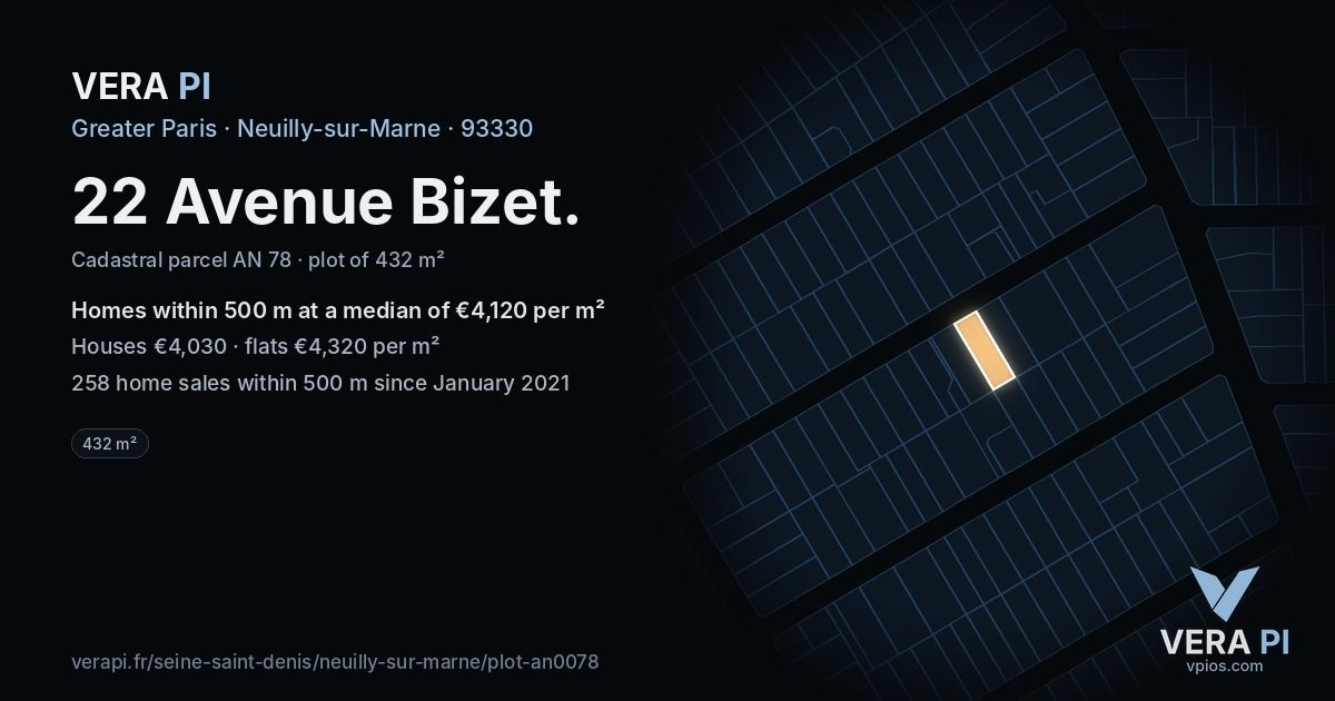 22 Avenue Bizet, Neuilly-sur-Marne at night – the plot lit, the parcels around coloured by the prices near them