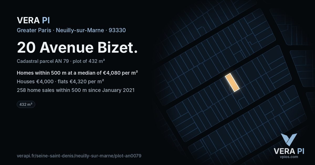 20 Avenue Bizet, Neuilly-sur-Marne at night – the plot lit, the parcels around coloured by the prices near them