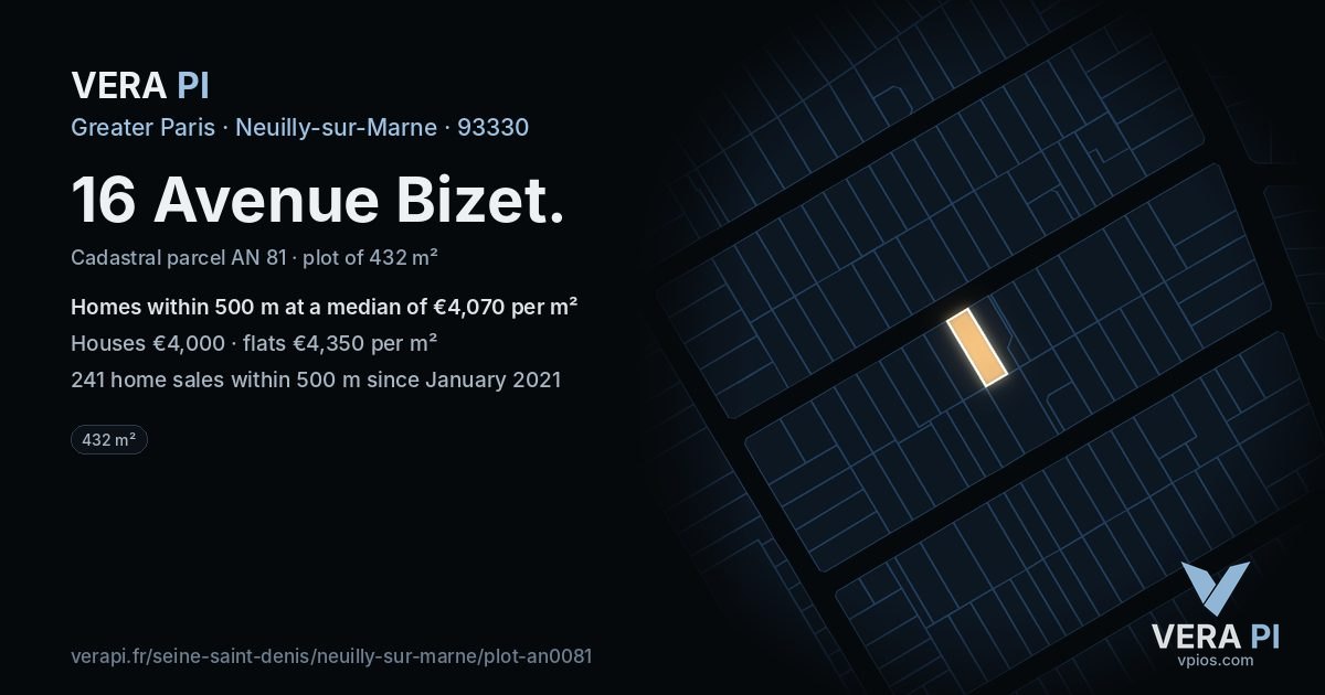 16 Avenue Bizet, Neuilly-sur-Marne at night – the plot lit, the parcels around coloured by the prices near them