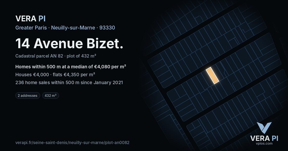 14 Avenue Bizet, Neuilly-sur-Marne at night – the plot lit, the parcels around coloured by the prices near them