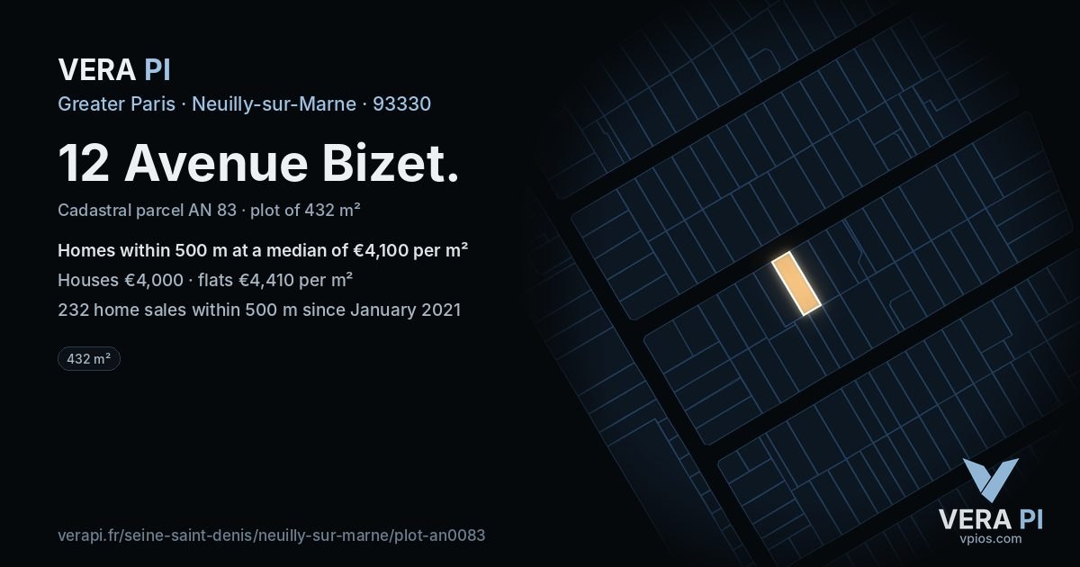 12 Avenue Bizet, Neuilly-sur-Marne at night – the plot lit, the parcels around coloured by the prices near them