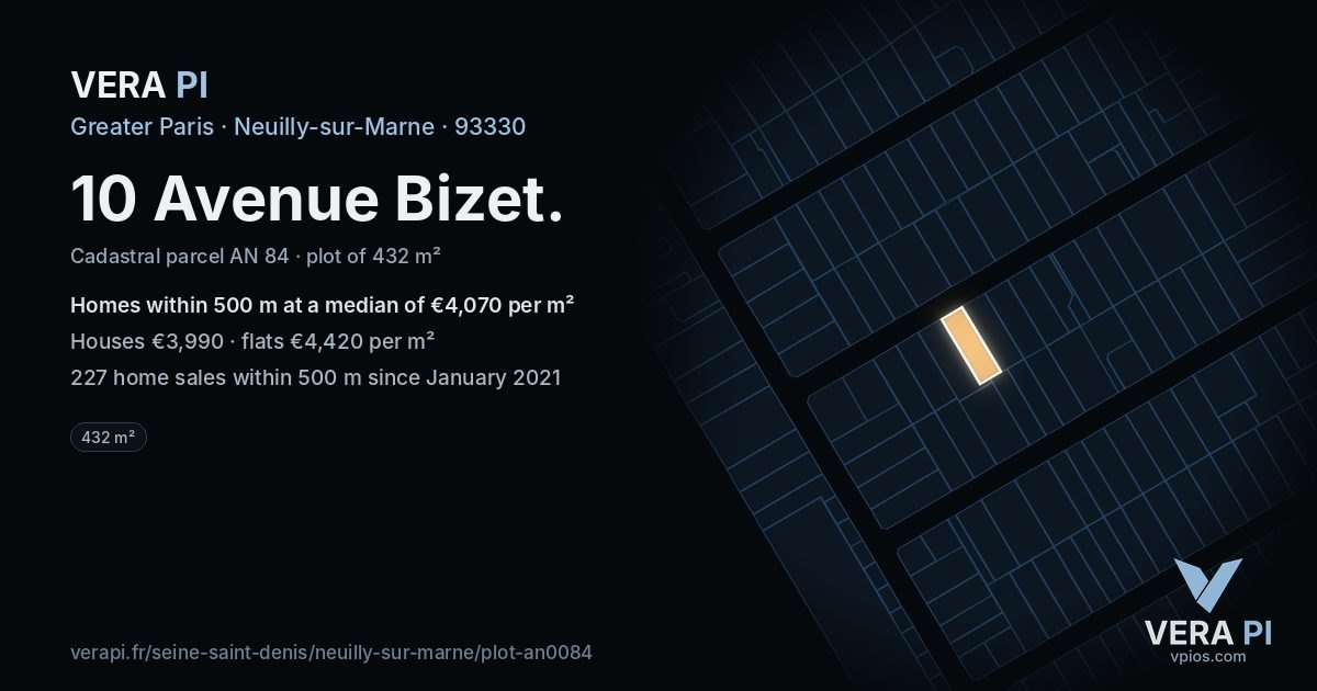 10 Avenue Bizet, Neuilly-sur-Marne at night – the plot lit, the parcels around coloured by the prices near them