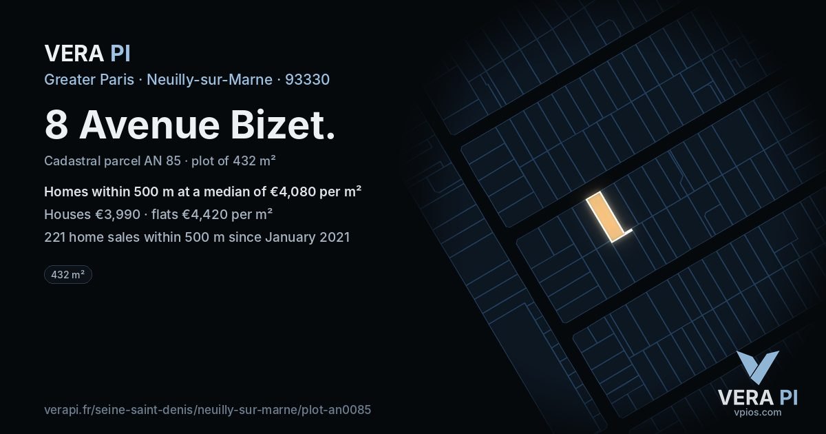 8 Avenue Bizet, Neuilly-sur-Marne at night – the plot lit, the parcels around coloured by the prices near them