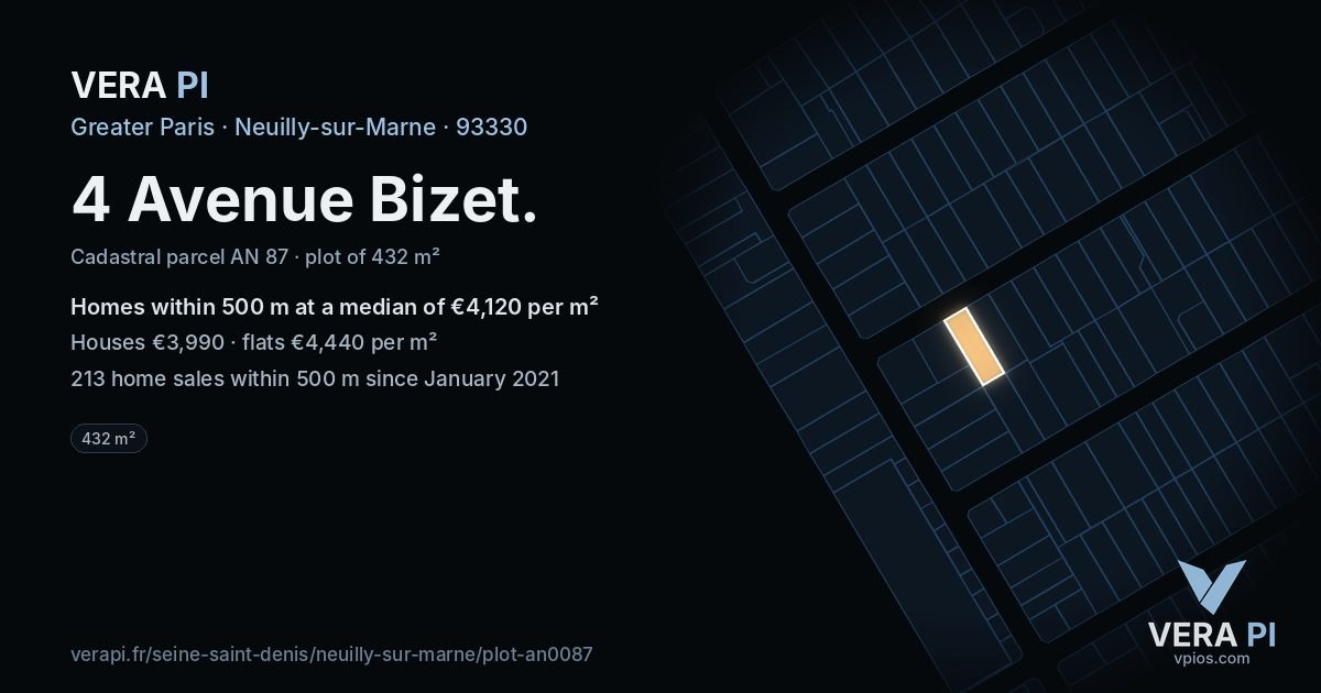 4 Avenue Bizet, Neuilly-sur-Marne at night – the plot lit, the parcels around coloured by the prices near them
