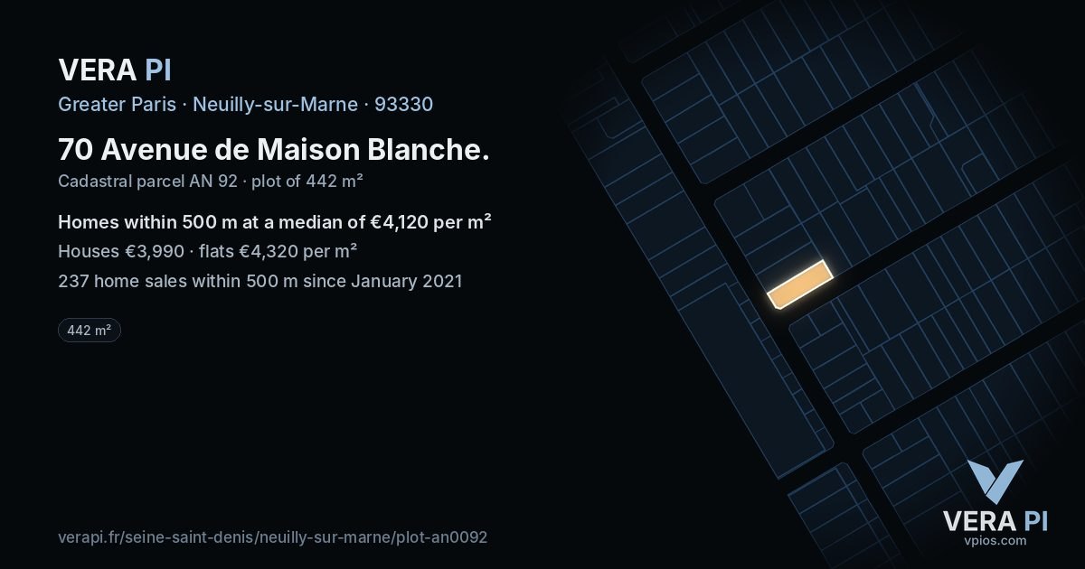70 Avenue de Maison Blanche, Neuilly-sur-Marne at night – the plot lit, the parcels around coloured by the prices near them