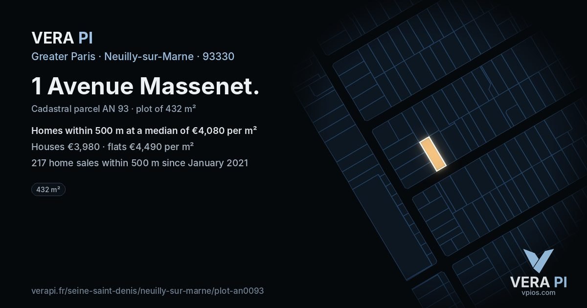 1 Avenue Massenet, Neuilly-sur-Marne at night – the plot lit, the parcels around coloured by the prices near them