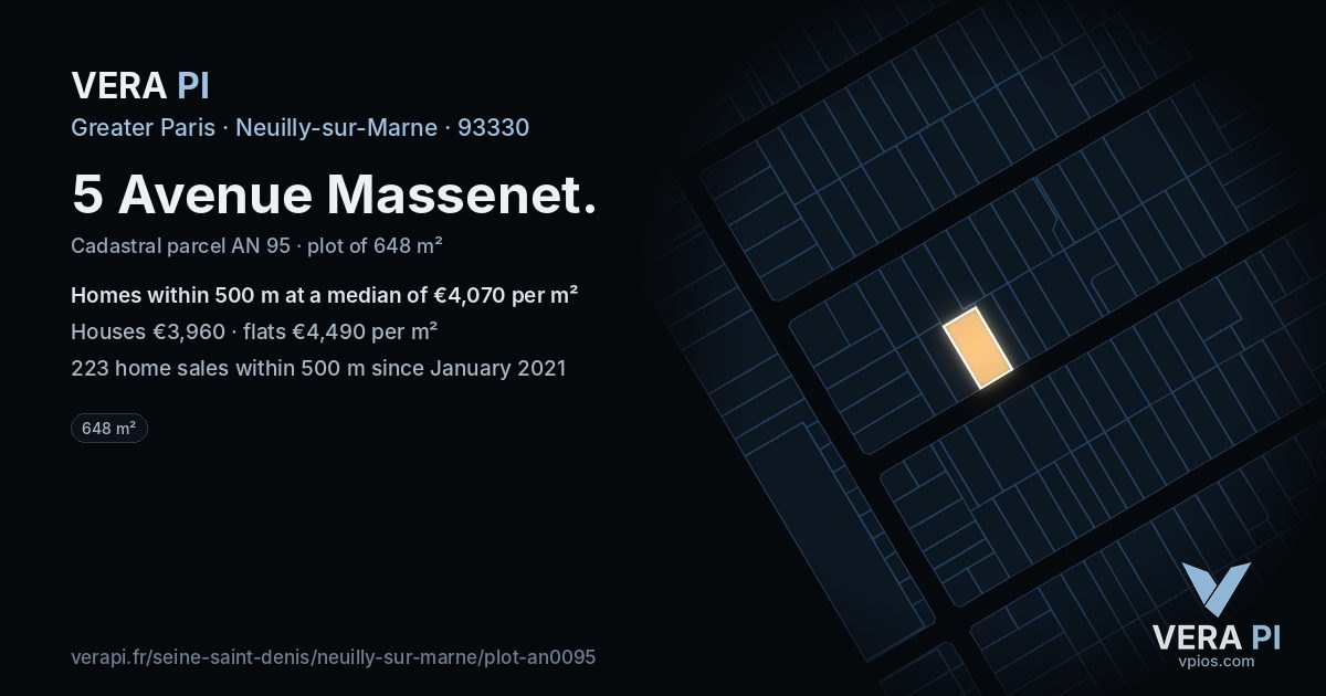 5 Avenue Massenet, Neuilly-sur-Marne at night – the plot lit, the parcels around coloured by the prices near them