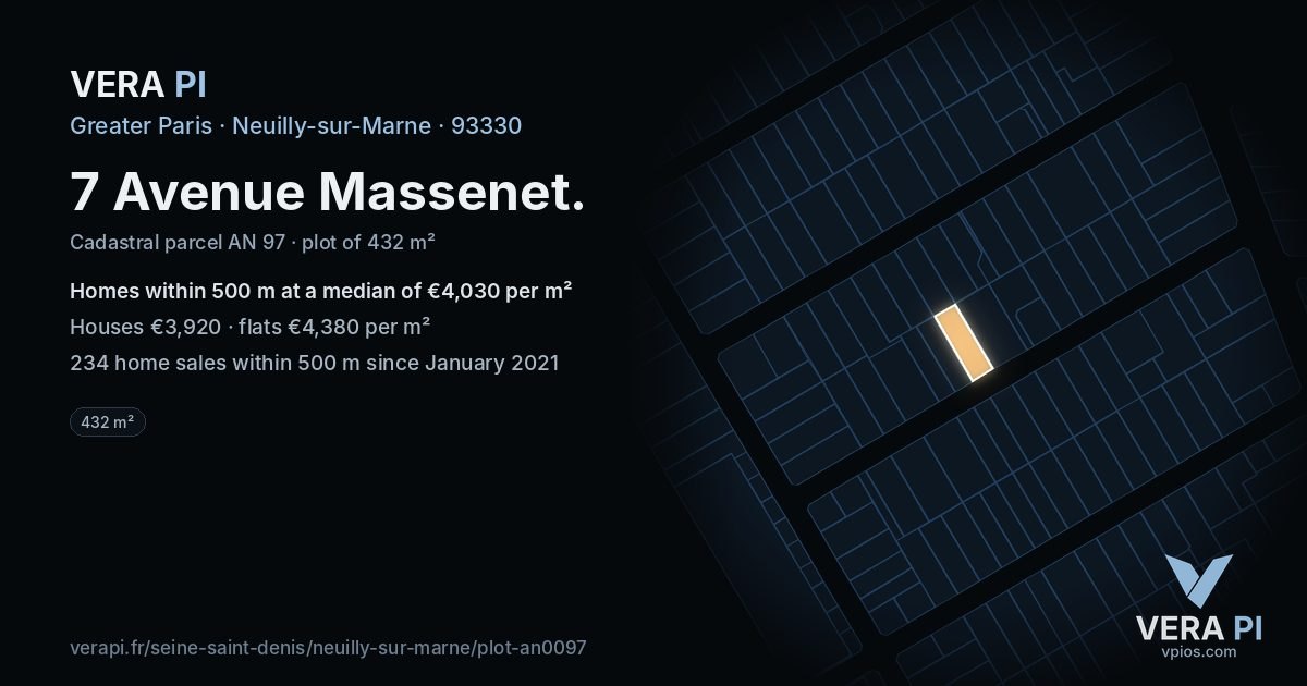 7 Avenue Massenet, Neuilly-sur-Marne at night – the plot lit, the parcels around coloured by the prices near them