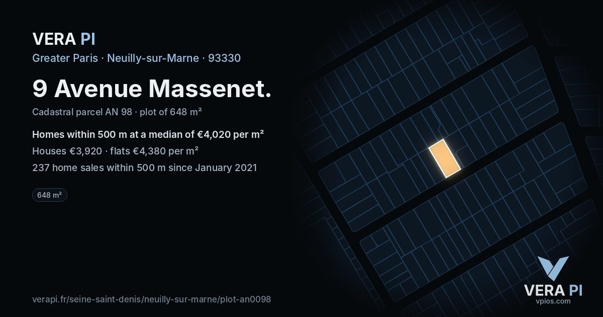 9 Avenue Massenet, Neuilly-sur-Marne at night – the plot lit, the parcels around coloured by the prices near them