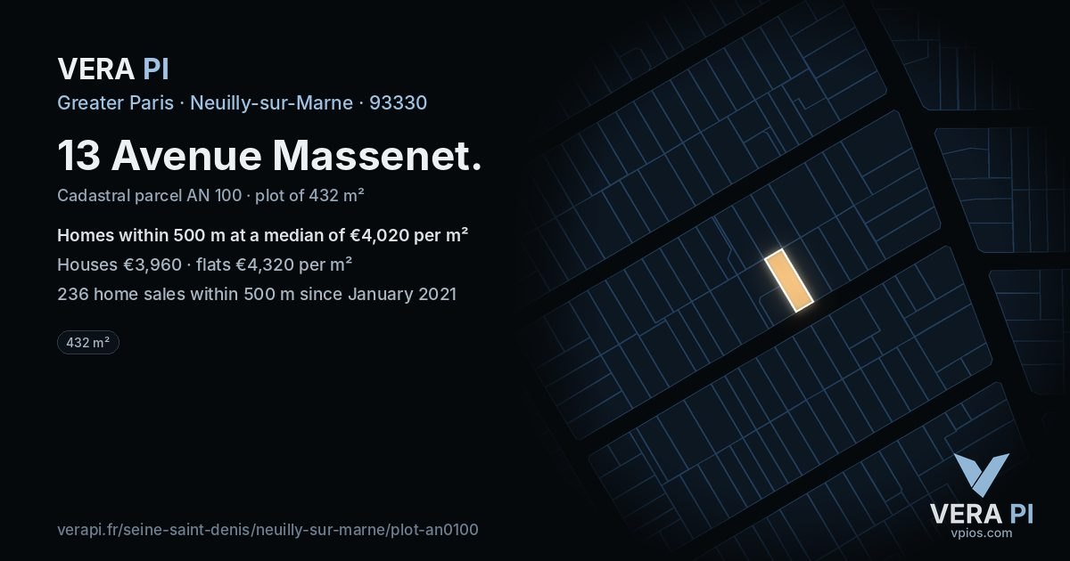 13 Avenue Massenet, Neuilly-sur-Marne at night – the plot lit, the parcels around coloured by the prices near them