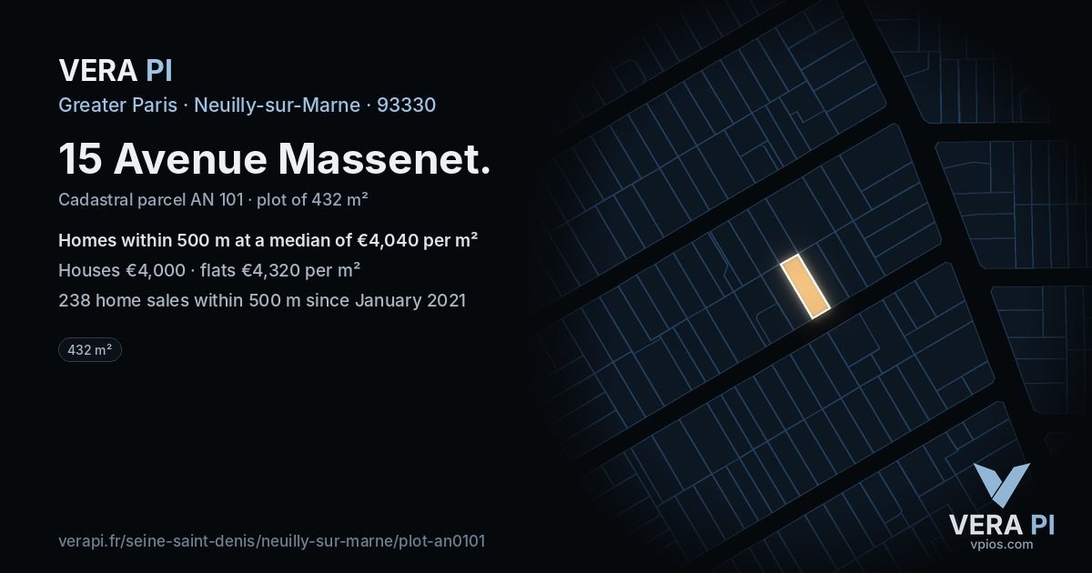 15 Avenue Massenet, Neuilly-sur-Marne at night – the plot lit, the parcels around coloured by the prices near them