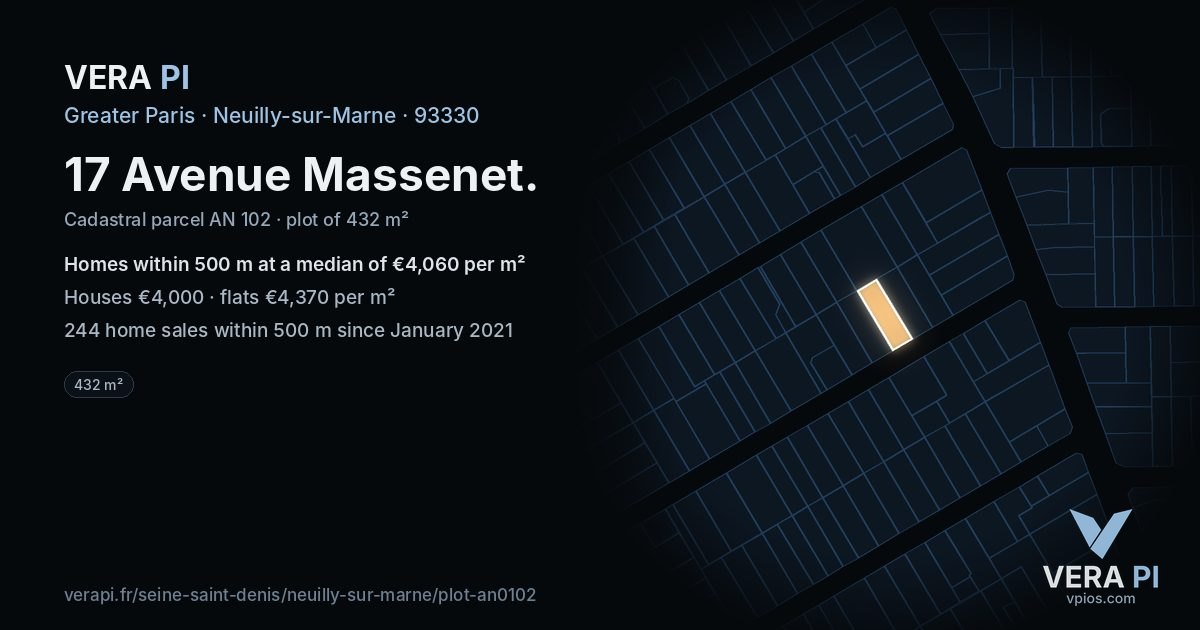 17 Avenue Massenet, Neuilly-sur-Marne at night – the plot lit, the parcels around coloured by the prices near them