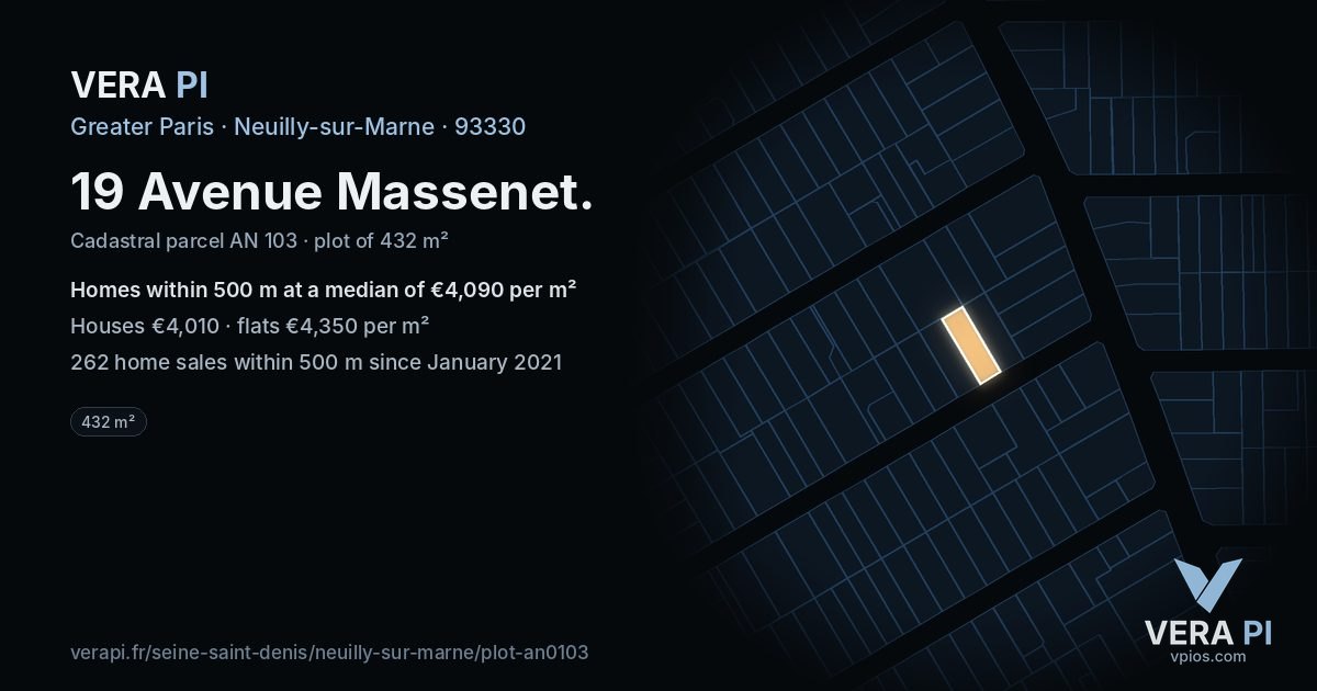 19 Avenue Massenet, Neuilly-sur-Marne at night – the plot lit, the parcels around coloured by the prices near them