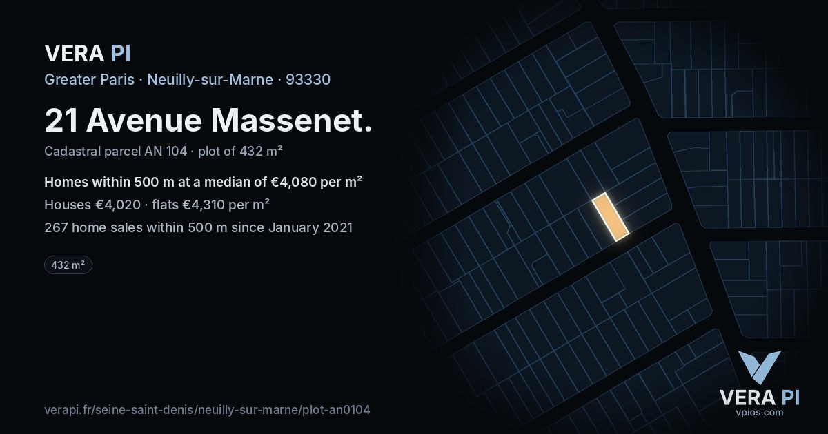 21 Avenue Massenet, Neuilly-sur-Marne at night – the plot lit, the parcels around coloured by the prices near them