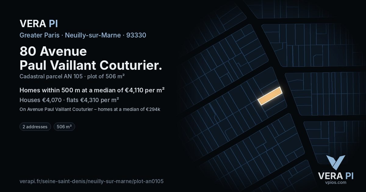 80 Avenue Paul Vaillant Couturier, Neuilly-sur-Marne at night – the plot lit, the parcels around coloured by the prices near them