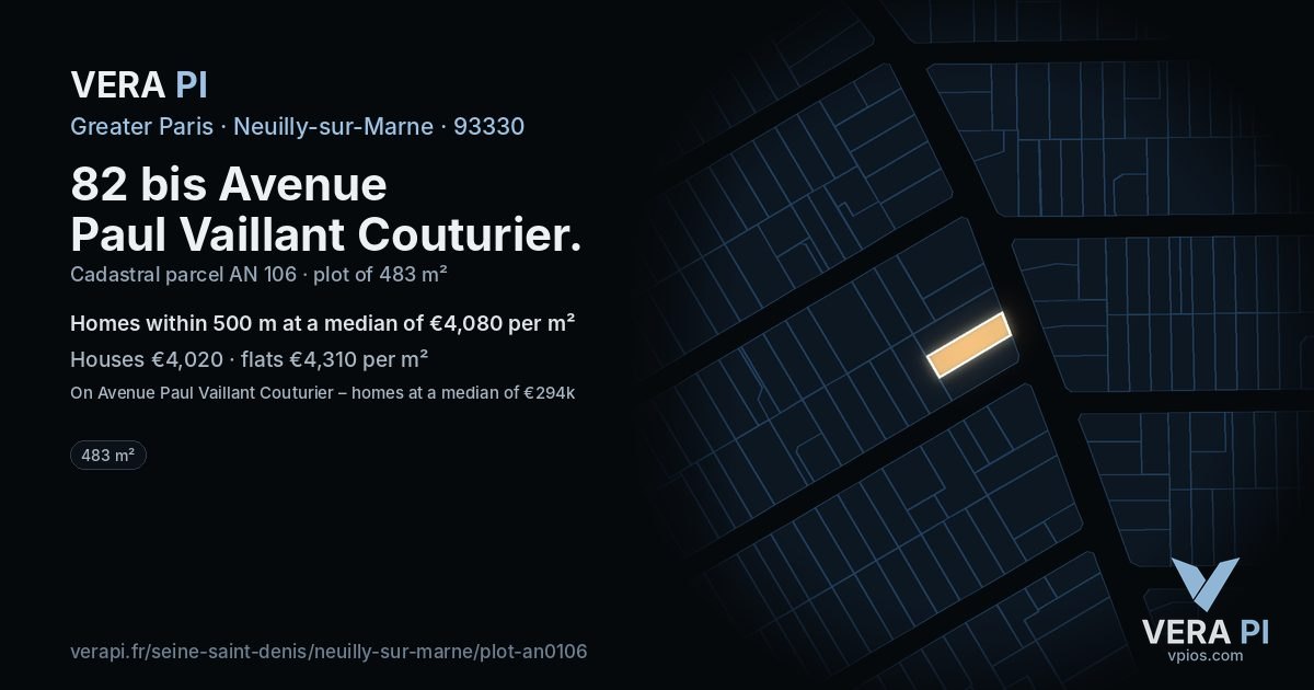 82 bis Avenue Paul Vaillant Couturier, Neuilly-sur-Marne at night – the plot lit, the parcels around coloured by the prices near them