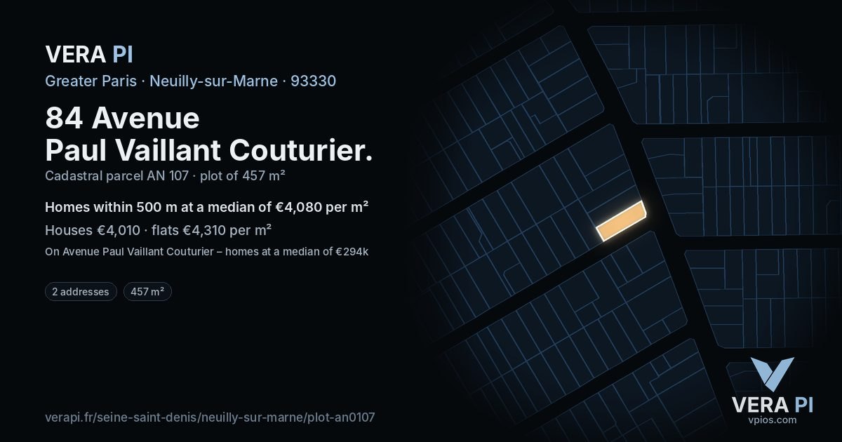 84 Avenue Paul Vaillant Couturier, Neuilly-sur-Marne at night – the plot lit, the parcels around coloured by the prices near them