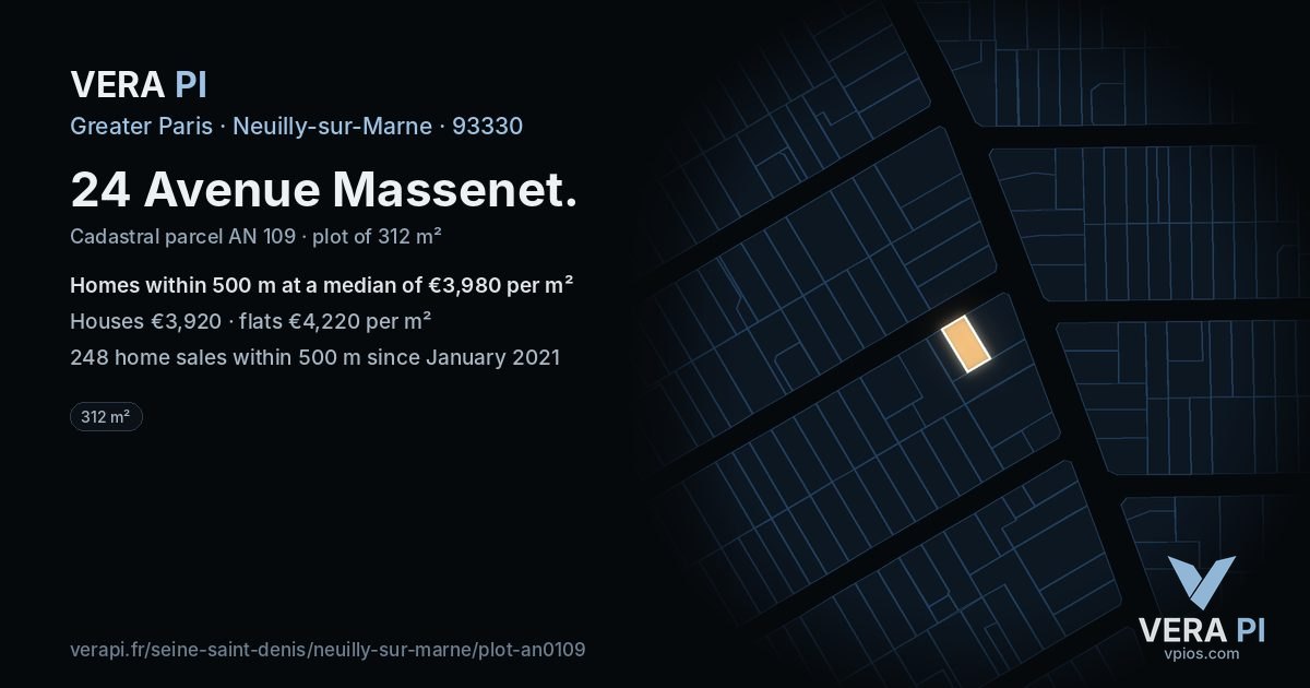 24 Avenue Massenet, Neuilly-sur-Marne at night – the plot lit, the parcels around coloured by the prices near them