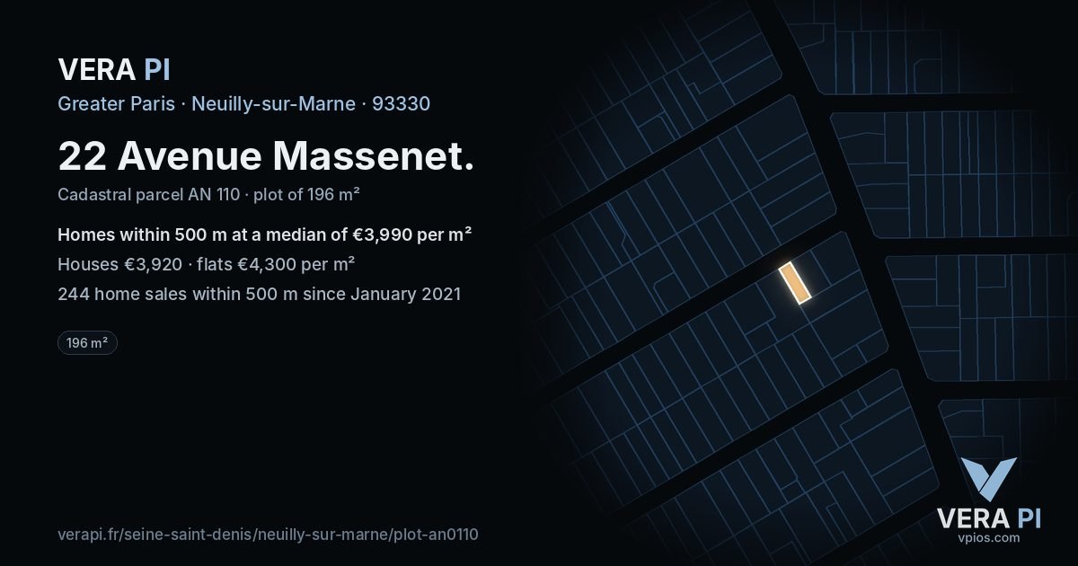 22 Avenue Massenet, Neuilly-sur-Marne at night – the plot lit, the parcels around coloured by the prices near them