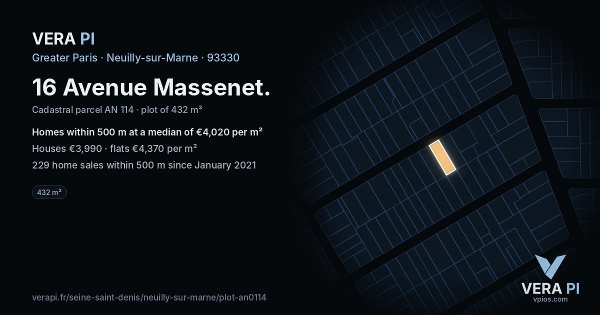 16 Avenue Massenet, Neuilly-sur-Marne at night – the plot lit, the parcels around coloured by the prices near them