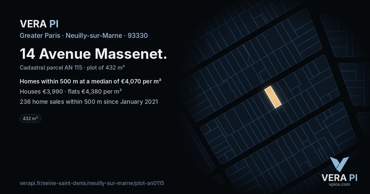 14 Avenue Massenet, Neuilly-sur-Marne at night – the plot lit, the parcels around coloured by the prices near them