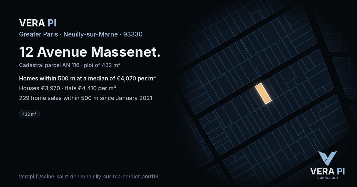 12 Avenue Massenet, Neuilly-sur-Marne at night – the plot lit, the parcels around coloured by the prices near them