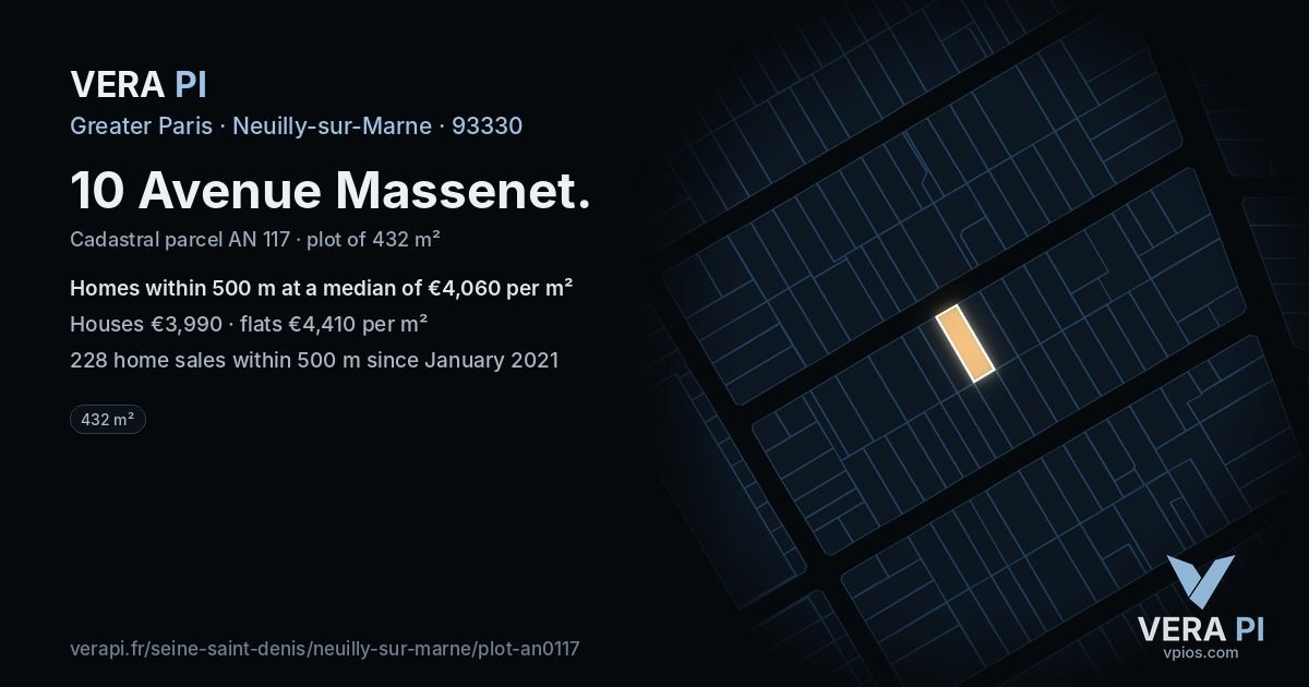 10 Avenue Massenet, Neuilly-sur-Marne at night – the plot lit, the parcels around coloured by the prices near them